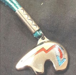 Vintage Native American Navajo Bear Pendant With Red Coral & Turquoise Gemstone